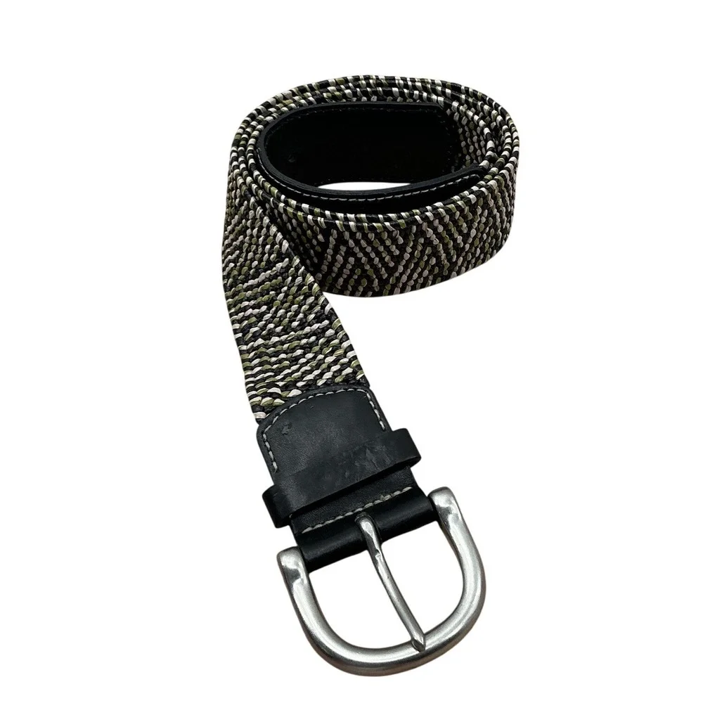 Mens Braided Stretch Belt 2XL Olive Green Black White Woven Elastic Buckle